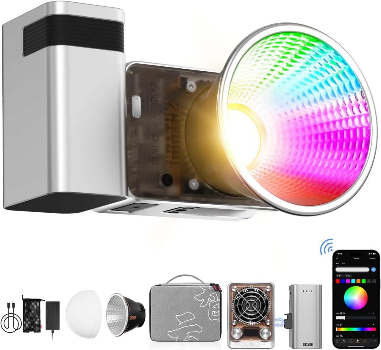 ZHIYUN Molus X60 [Ufficiale] Luce video RGB da 60 W con batteria nell'impugnatura, illuminazione fotografica COB portatile, controllo app •CRI 95• TLCI 98• 15 registrazioni video/ritratti/scene TVC (s
