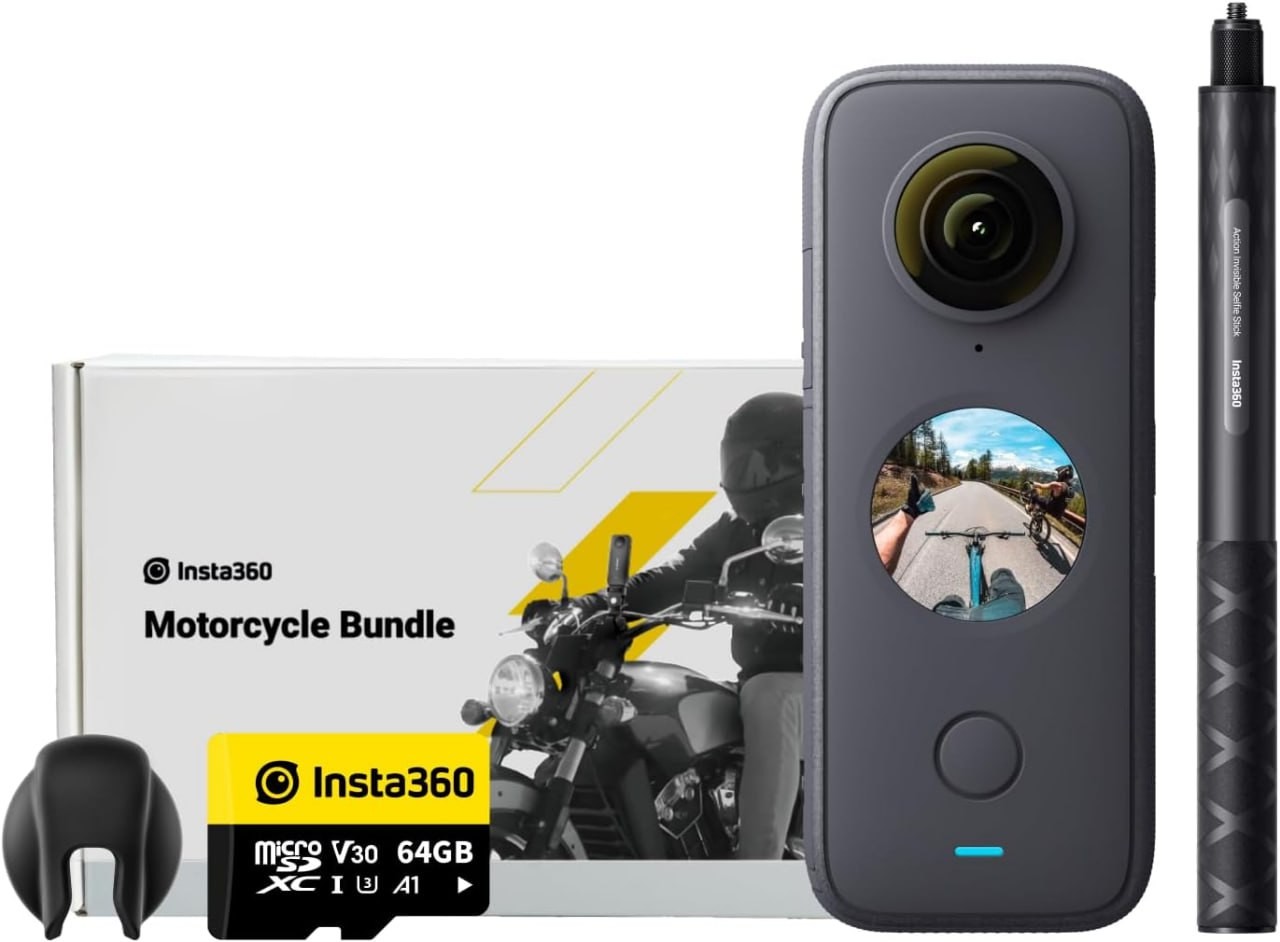 Kit moto Insta360 ONE X2 (nuova versione) con selfie stick in fibra di carbonio, action camera impermeabile, 5.7K 360, stabile, touch screen, editing di intelligenza artificiale, trasmissione in diret