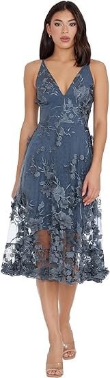 Dress the Population Women's Audrey Spaghetti Strap Mid-Length A-Line 3D Floral Dress