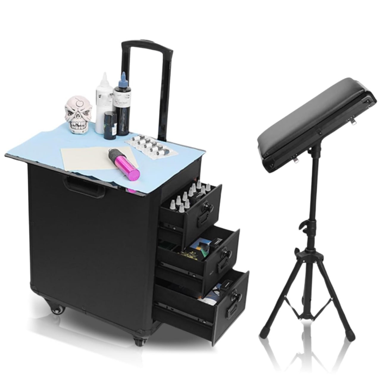 Custodia da viaggio per tatuaggi 3 in 1 con supporto per braccio per tatuaggi, custodia per trucco con ruote, attrezzatura per tatuaggi ad altezza regolabile, organizer per tatuaggi per trucco per art