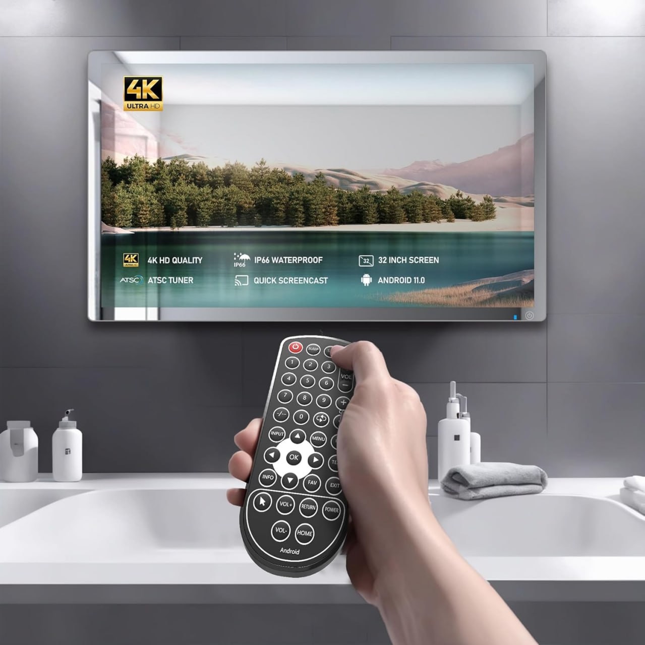 TV specchio da bagno intelligente di fascia alta da 32 pollici - 4K Ultra HD, impermeabile IP66, TV Android, telecomando vocale, sintonizzatore ATSC integrato, HDMI (ARC), SPDIF, aggiorna il tuo bagno