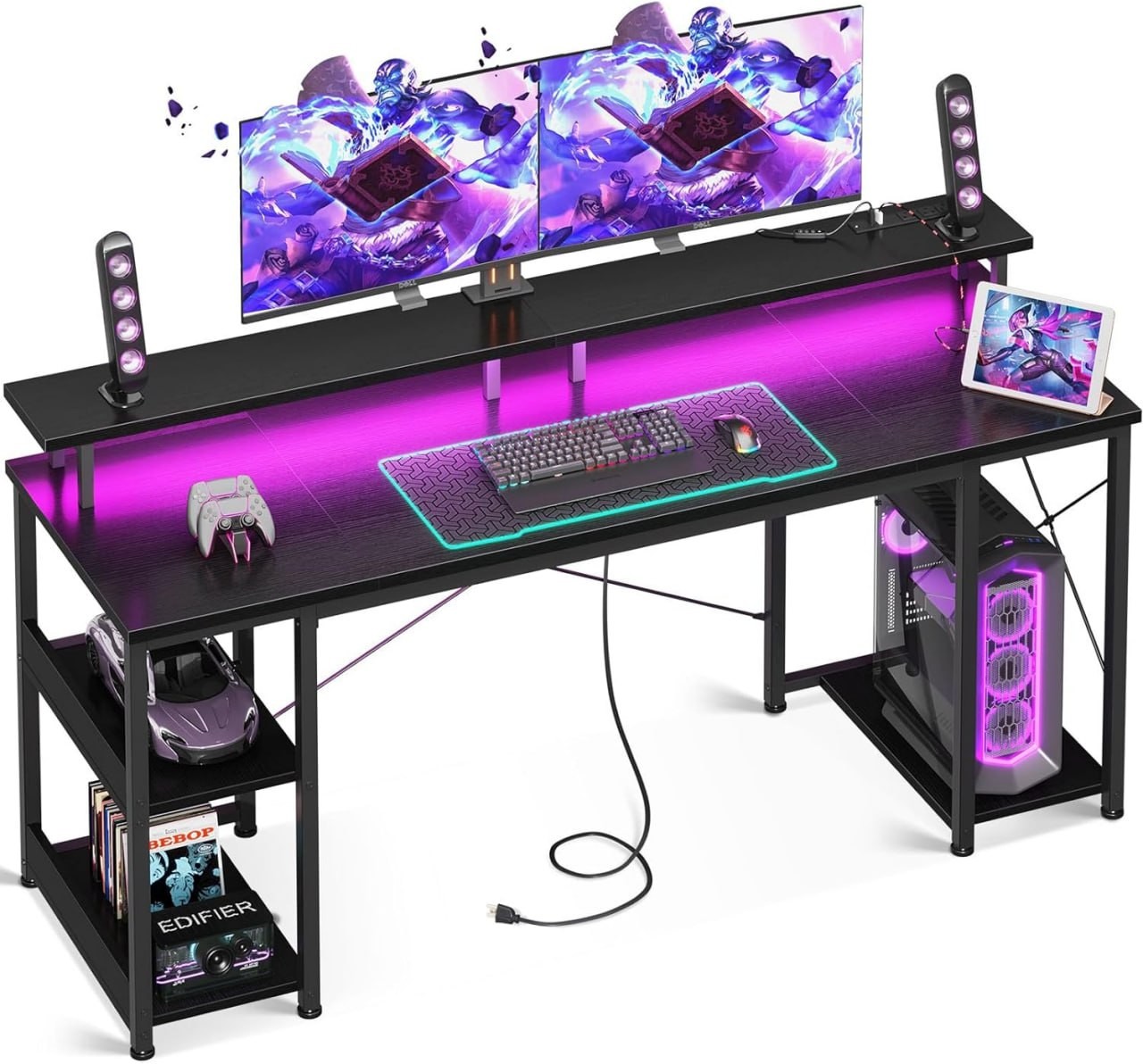 Scrivania da gioco ODK da 55 pollici con luce LED e presa di corrente, scrivania per computer con supporto per monitor e coltello portaoggetti, supporto per CPU, scrivania per ufficio domestico, nero