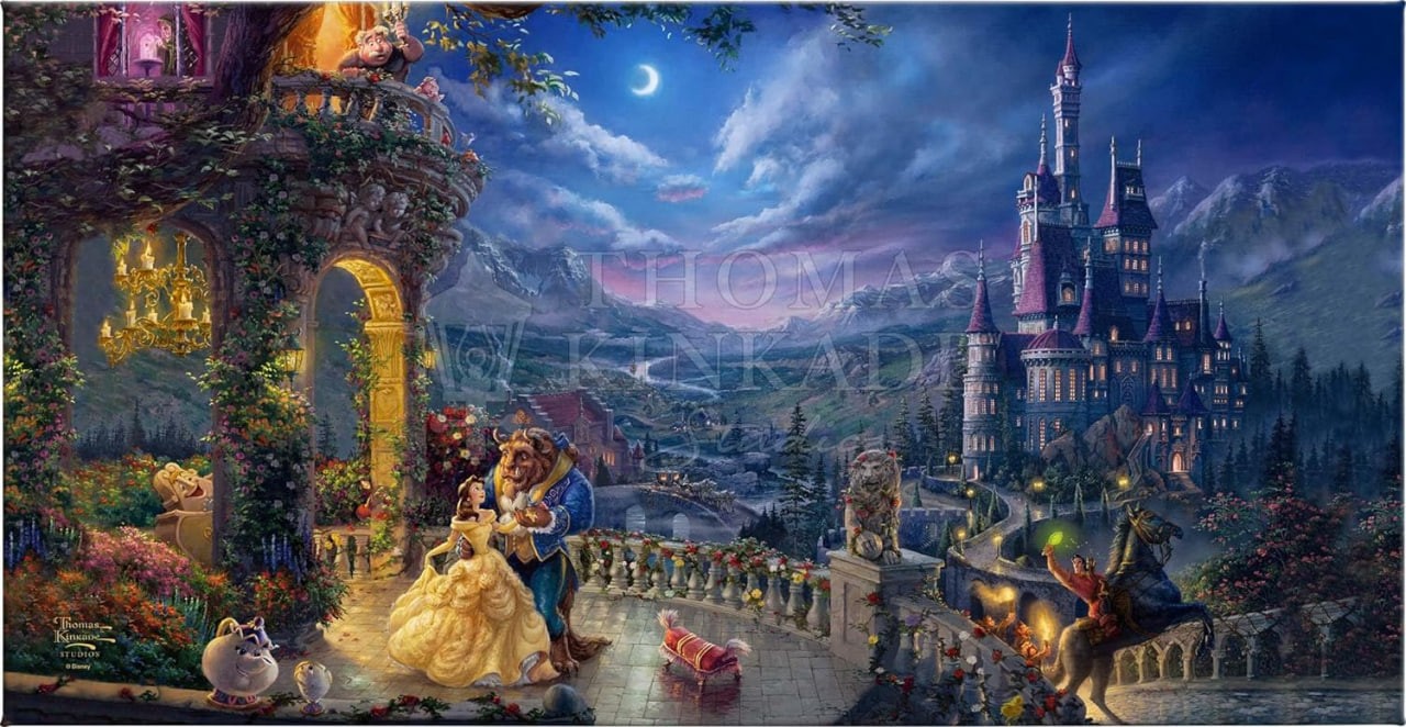 Thomas Kinkade Disney La bella e la bestia che balla al chiaro di luna 16 x 31 Galleria avvolta in tela