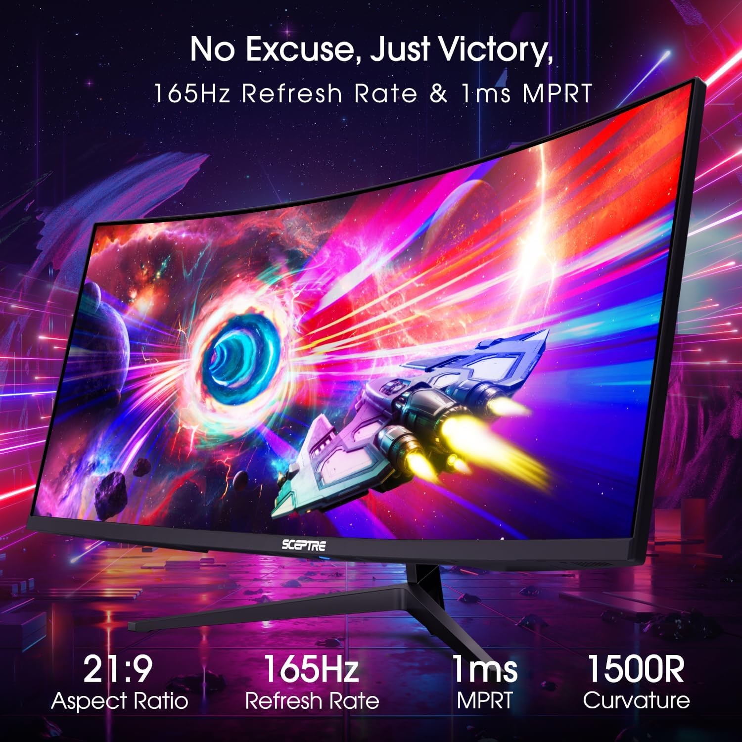 Monitor WQHD curvo ultrawide Scepter da 34 pollici 3440 x 1440 R1500 fino a 165 Hz DisplayPort x2 99% sRGB 1 ms Picture by Picture, Nero macchina 2023 (C345B-QUT168)