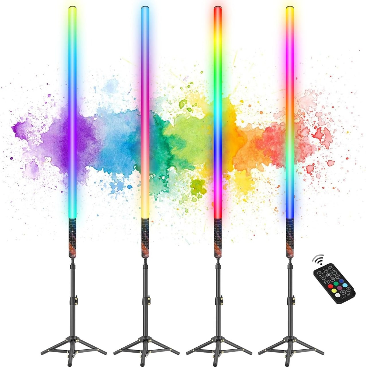 luxceo Striscia luminosa tubolare RGB da 4 pezzi con supporto luce, stick luminoso video LED alimentato a batteria con telecomando per illuminazione DJ, discoteca e illuminazione fotografica (2,8 pied