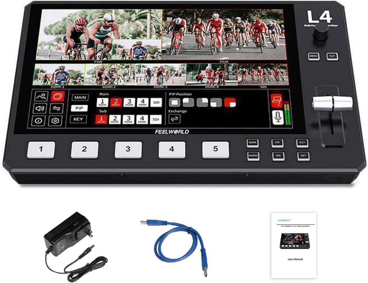 Feelworld L4 Switcher Switcher mixer video multi-cam touchscreen da 10,1", 4 ingressi/uscite HDMI e SDI e audio, controllo app/PTZ, streaming veloce USB 3.0, dispositivo di raffreddamento integrato, 1