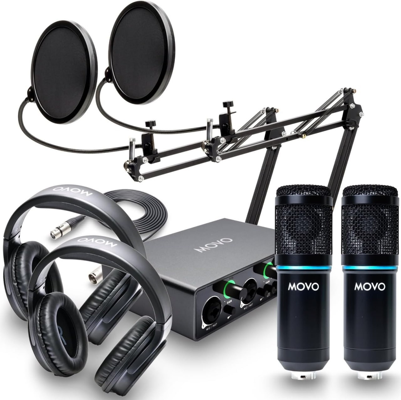 Movo PodPak2A Kit microfono a condensatore universale cardioide da 2 pacchi con interfaccia audio MDX-1 2x2, bracci a forbice articolati, cuffie da studio - Set di attrezzature per podcasting per YouT