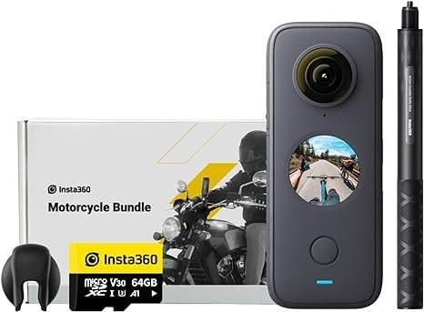 Kit moto Insta360 ONE X2 (nuova versione) con selfie stick in fibra di carbonio, action camera impermeabile, 5.7K 360, stabile, touch screen, editing di intelligenza artificiale, trasmissione in diret