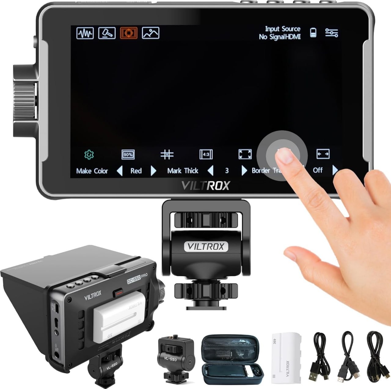 VILTROX Monitor da campo per fotocamera DC-550pro Kit da 5,5 pollici Touch Screen Monitor video per fotocamera DSLR 4K HDMI con parasole/batteria NP-F550