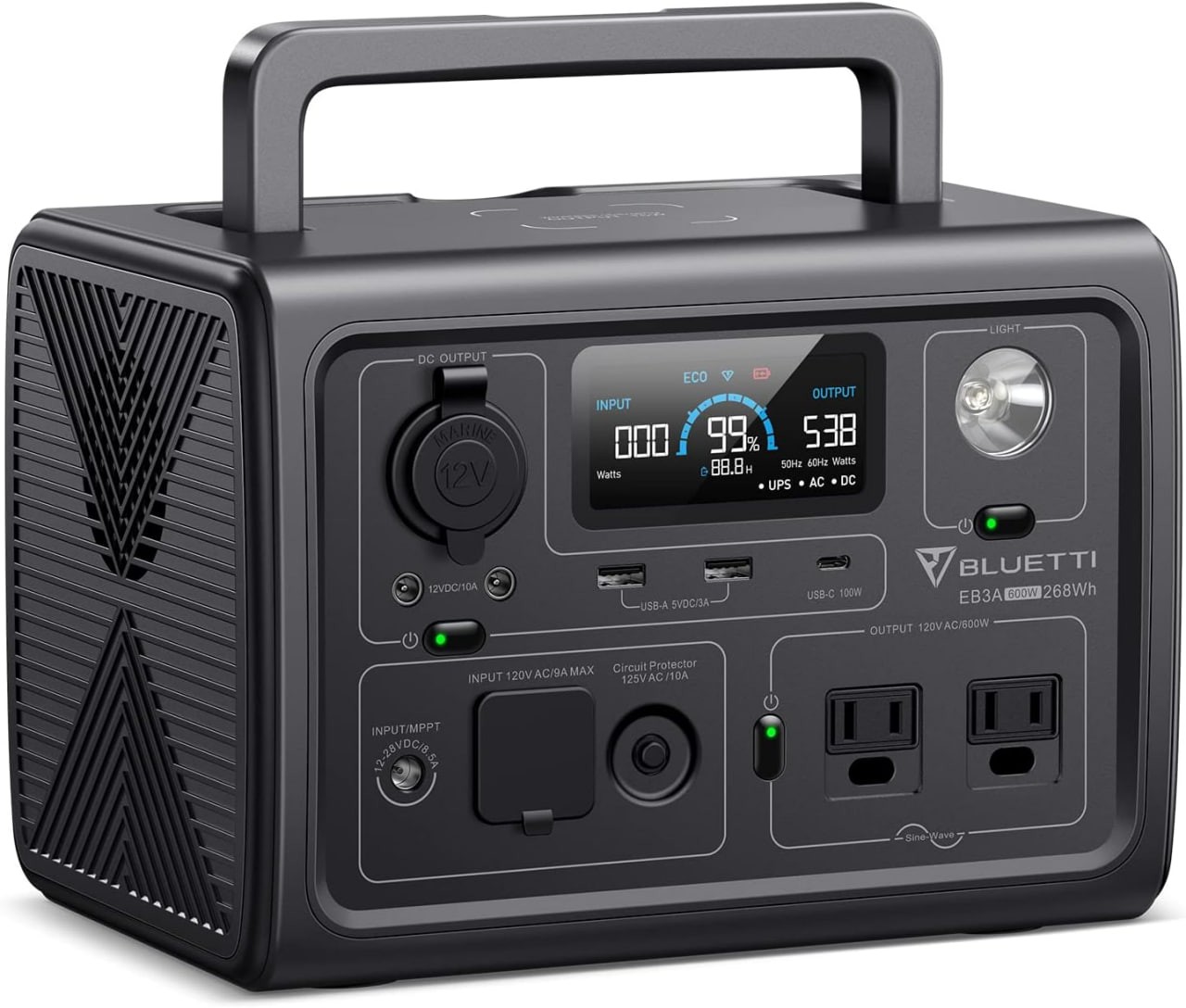 Stazione di alimentazione portatile BLUETTI EB3A, batteria tampone LiFePO4 da 268Wh, con 2 prese AC da 600W (1200W surge), carica 0-80% in 30 minuti, generatore solare, adatta per campeggio all'aperto