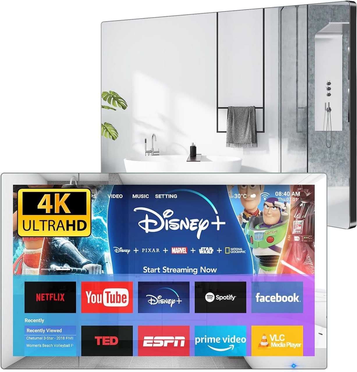 Haoguan Smart TV da bagno da 32 pollici 4K Ultra HD Android TV IP66 Smart Mirror TV impermeabile Assistente Google Telecomando vocale integrato, sintonizzatore ATSC per sauna da bagno (cornice nera, m