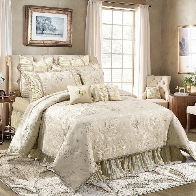 Room and Mill Set Trapunta di Lusso, Set Trapunta Queen con Design Floreale Jacquard, Adatto per Camera da Letto, Set di Biancheria da Letto di Alta Qualità Stile Principessa con Federa Europea, Gonna