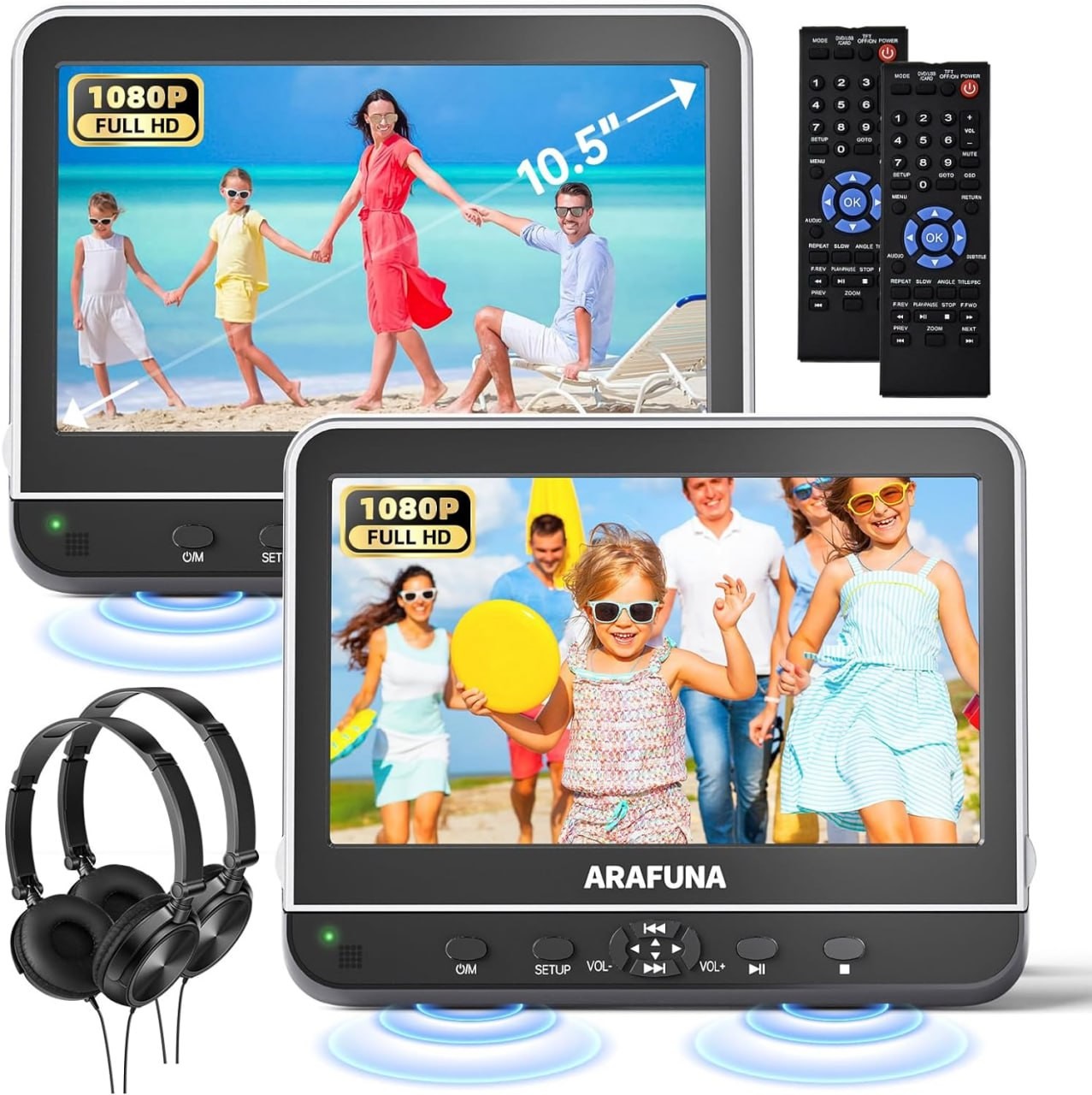 ARAFUNA Lettore DVD per auto da 10,5 pollici doppio schermo con ingresso HDMI 1080P, lettore DVD portatile, adatto per l'auto che riproduce lo stesso o due film diversi, supporta USB/scheda SD/sincron