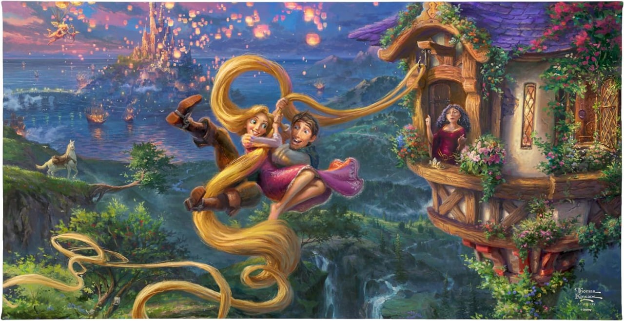 Thomas Kinkade Disney Tangled Up In Love 16 x 31 Gallery Tela avvolta