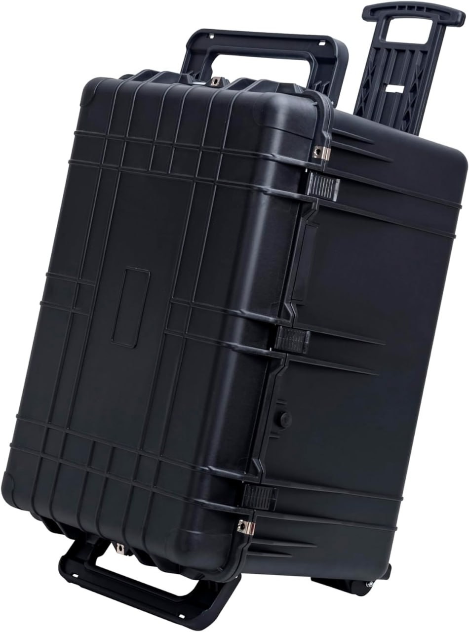 MEIJIA Custodia impermeabile portatile, Custodia rigida per fotocamera con maniglia retrattile e rulli, Inserto in schiuma personalizzabile, Nero elegante, 31,56 X 22,99 X 19,49 pollici